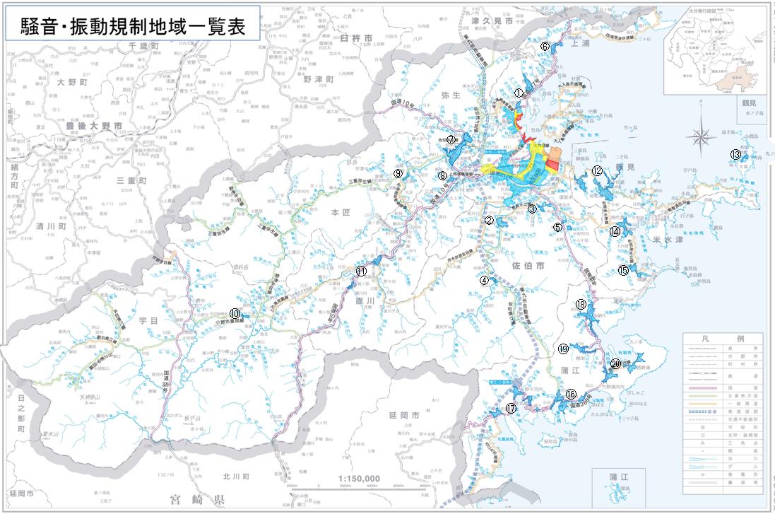 佐伯市騒音規制・振動規制地域の全体図です。