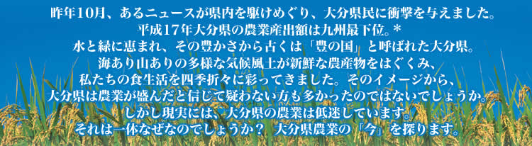 昨年10月、あるニュースが県内を駆けめぐり、大分県民に衝撃を与えました。
平成17年大分県の農業産出額は九州最下位。*
水と緑に恵まれ、その豊かさから古くは「豊の国」と呼ばれた大分県。
海あり山ありの多様な気候風土が新鮮な農産物をはぐくみ、
私たちの食生活を四季折々に彩ってきました。そのイメージから、
大分県は農業が盛んだと信じて疑わない方も多かったのではないでしょうか。
しかし現実には、大分県の農業は低迷しています。
それは一体なぜなのでしょうか? 大分県農業の「今」を探ります。