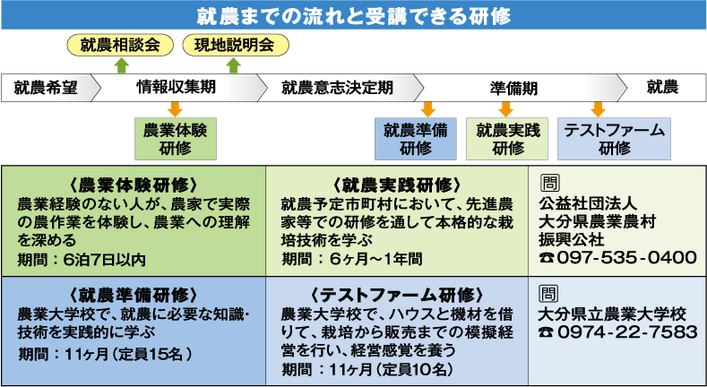 就農までの流れと受講できる研修