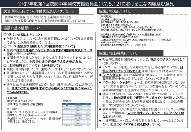 開校支援委員会における主な内容及び意見