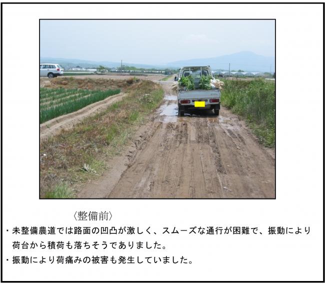 農道整備前は、凹凸の多い道路で搬出しており、振動により作物の荷痛みも発生していました。