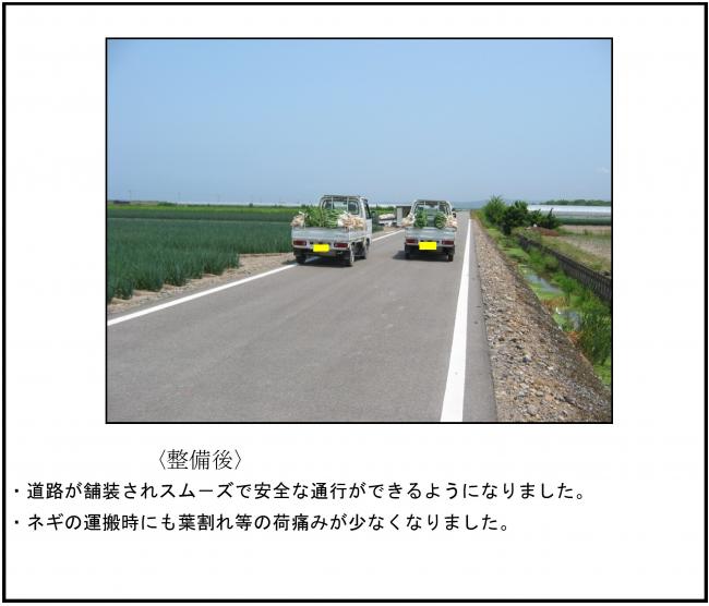 農道整備後は、道路が舗装され凹凸が無くなったので、振動も無くなり作物の荷痛みが少なくなりました。