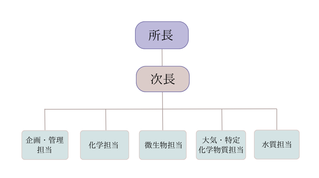 センター組織図(所長の下に次長、次長の下に、企画・管理担当、化学担当、微生物担当、大気・特定化学物質担当、水質担当と並ぶ