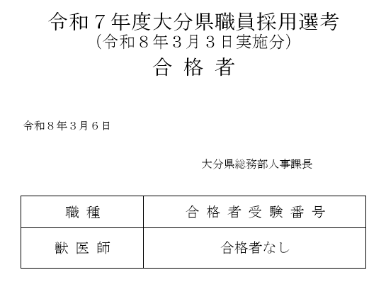 令和７年度大分県職員採用選考（獣医師）合格者