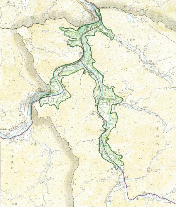 旧本耶馬渓町の騒音規制地域図です。